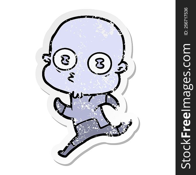 distressed sticker of a cartoon weird bald spaceman