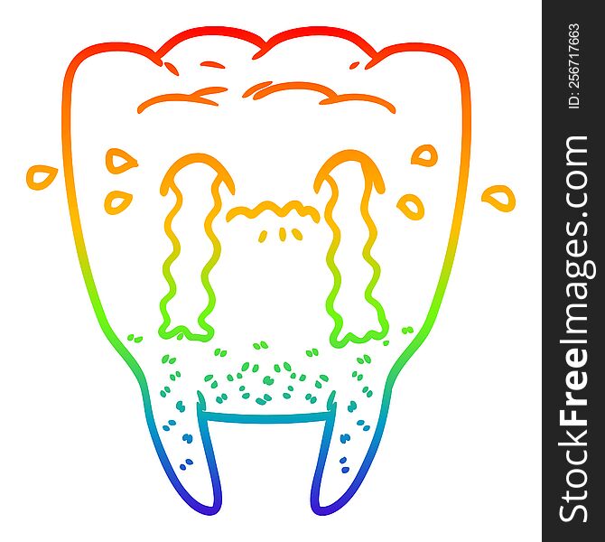 rainbow gradient line drawing of a cartoon tooth crying