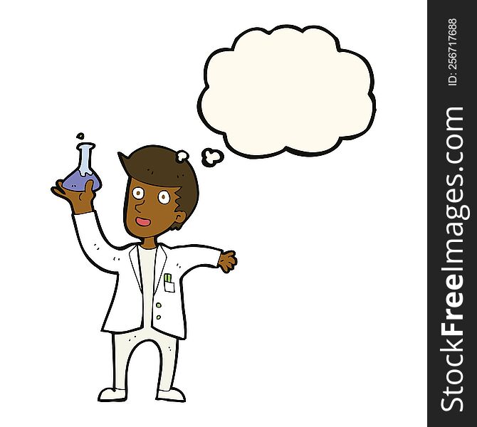 Cartoon Happy Scientist With Thought Bubble