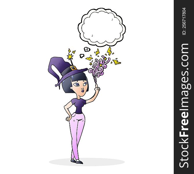freehand drawn thought bubble cartoon witch casting spell