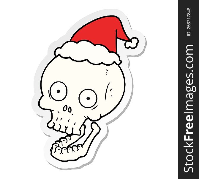 hand drawn sticker cartoon of a skull wearing santa hat