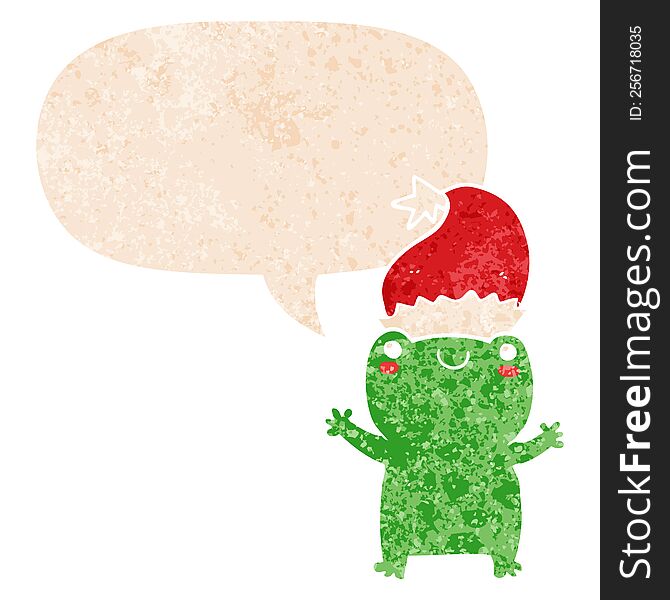 Cute Christmas Frog And Speech Bubble In Retro Textured Style