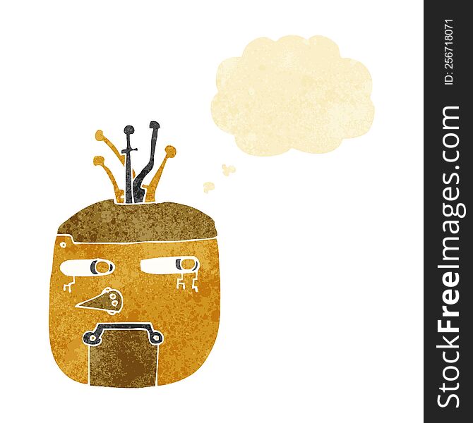 cartoon gold robot head with thought bubble