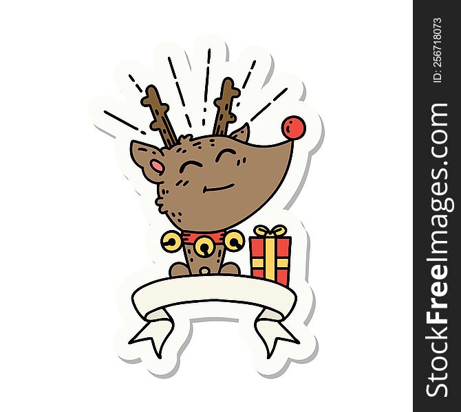 Sticker Of Tattoo Style Christmas Reindeer With Present