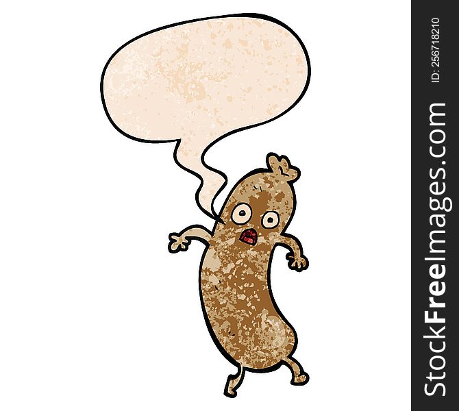 Cartoon Sausage And Speech Bubble In Retro Texture Style