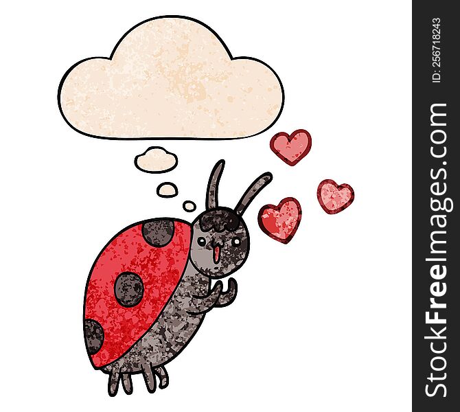 cute cartoon ladybug in love and thought bubble in grunge texture pattern style