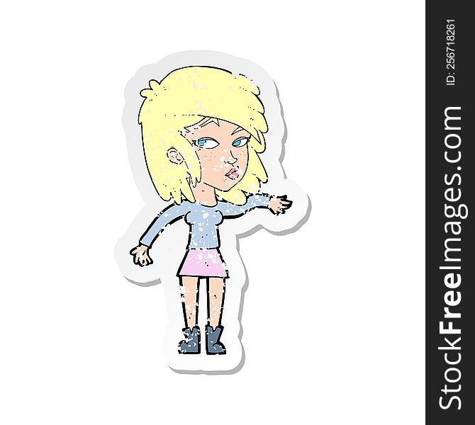 retro distressed sticker of a cartoon woman playing it cool