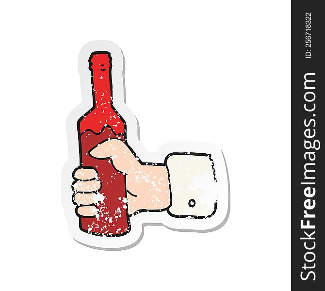 retro distressed sticker of a cartoon hand holding bottle of wine
