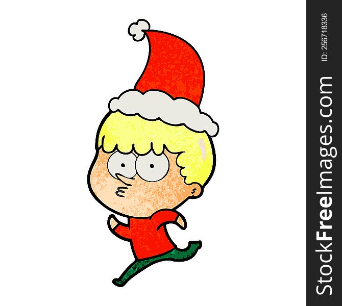 hand drawn textured cartoon of a curious boy running wearing santa hat