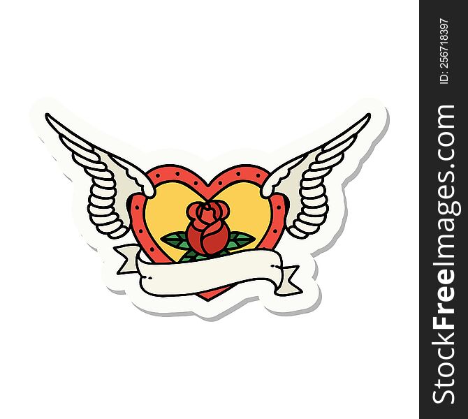 Tattoo Style Sticker Of A Flying Heart With Flowers And Banner