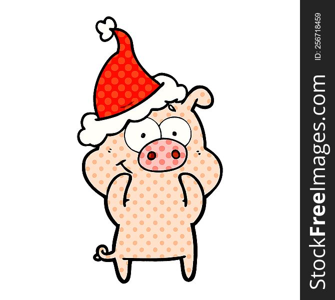Happy Comic Book Style Illustration Of A Pig Wearing Santa Hat