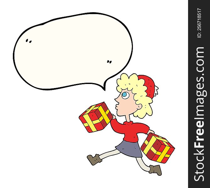freehand drawn speech bubble cartoon running woman with presents