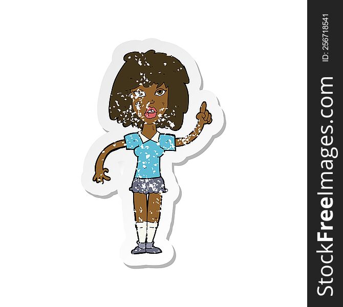 Retro Distressed Sticker Of A Cartoon Tough Woman With Idea