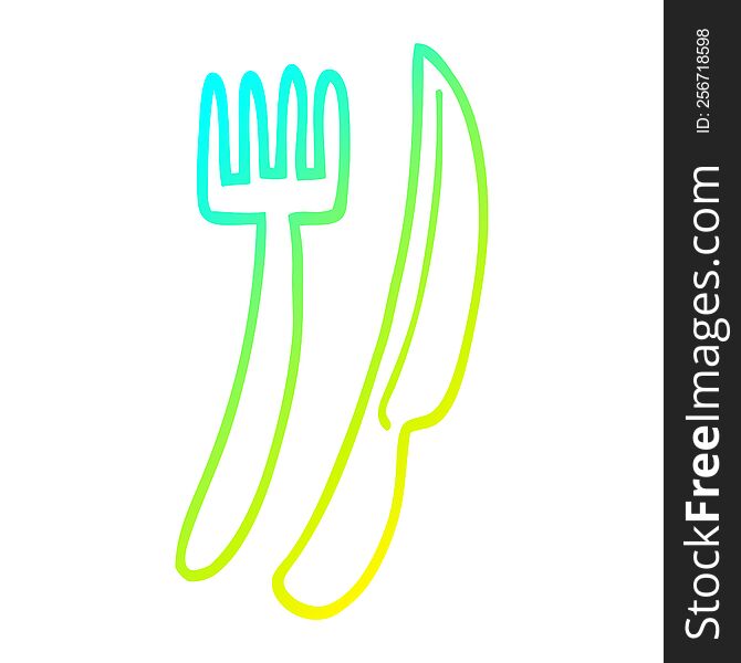 cold gradient line drawing of a cartoon gold cutlery set