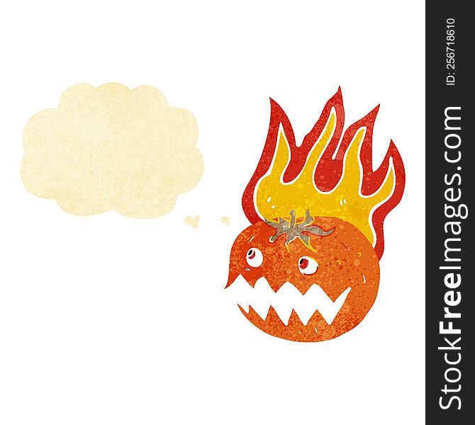 cartoon flaming pumpkin with thought bubble