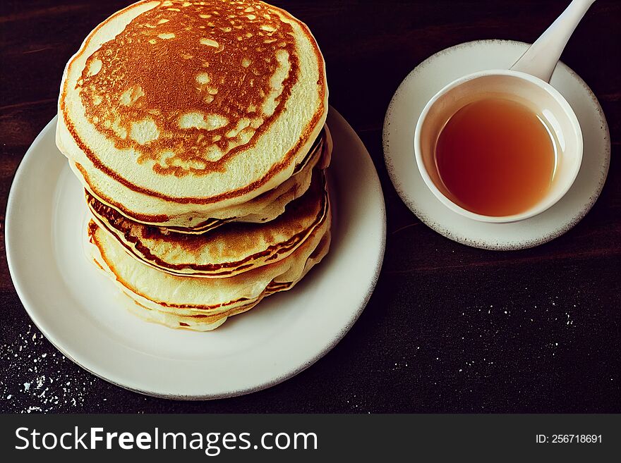 Pancake Stack With Syrup On A Rustic Wooden Table Surface