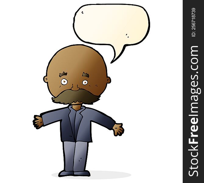 cartoon bald man with open arms with speech bubble