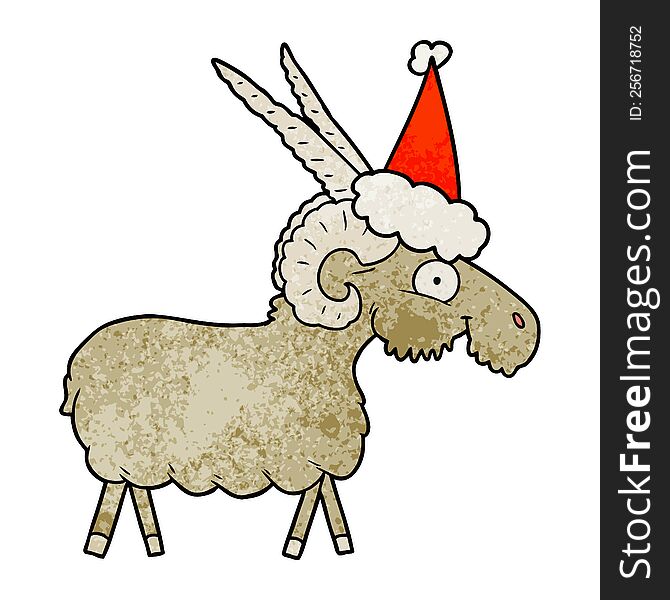 hand drawn textured cartoon of a goat wearing santa hat