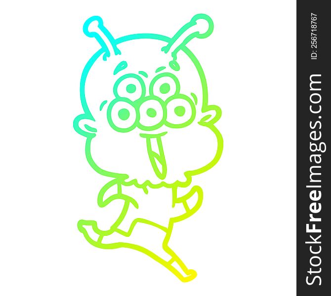 cold gradient line drawing of a happy cartoon alien running