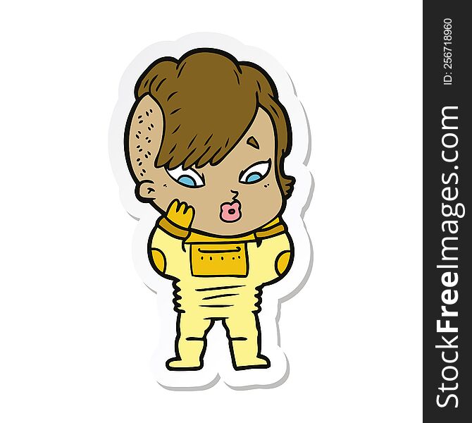 sticker of a cartoon surprised girl in science fiction clothes