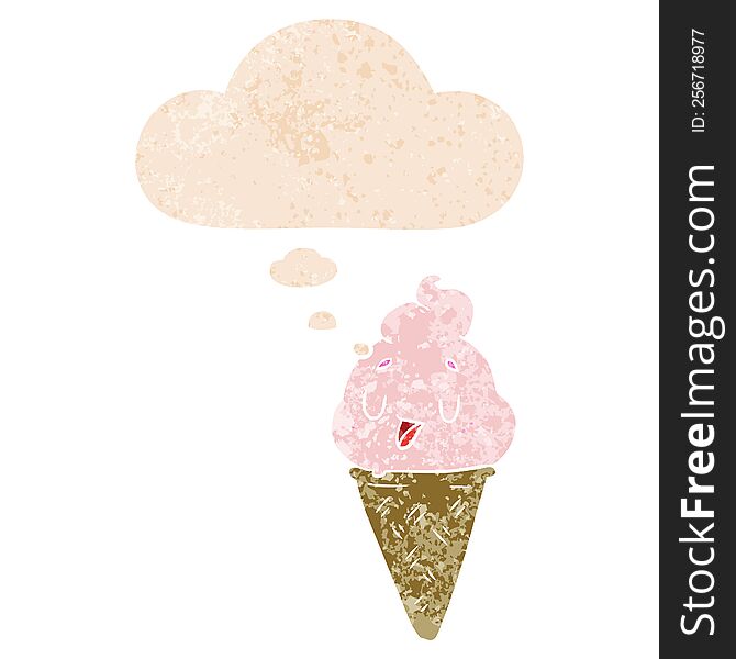 Cute Cartoon Ice Cream And Thought Bubble In Retro Textured Style