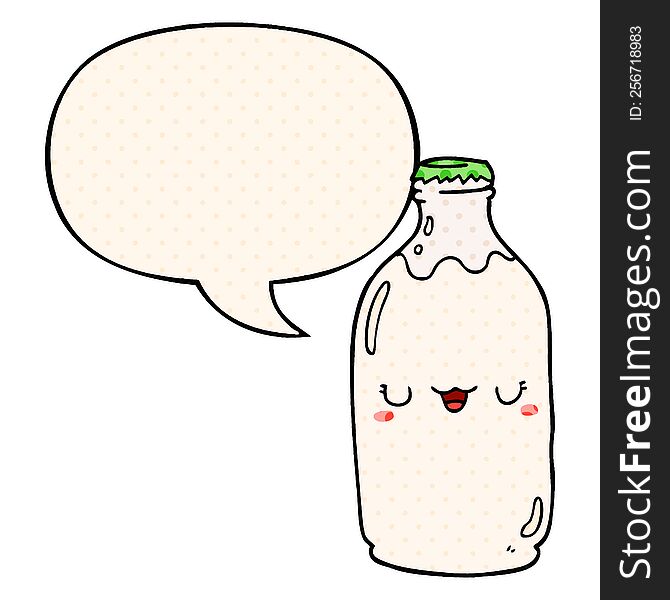 Cute Cartoon Milk Bottle And Speech Bubble In Comic Book Style