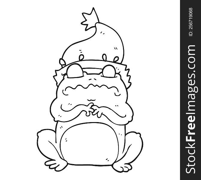 freehand drawn black and white cartoon frog in christmas hat