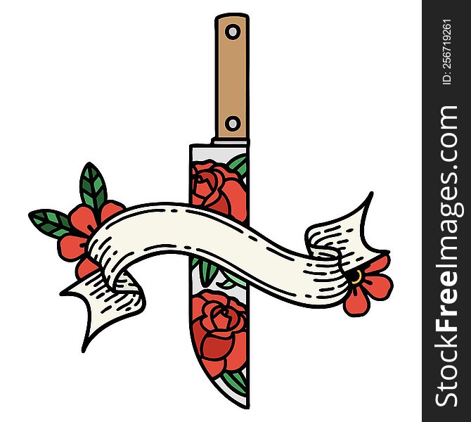 Tattoo With Banner Of A Dagger And Flowers