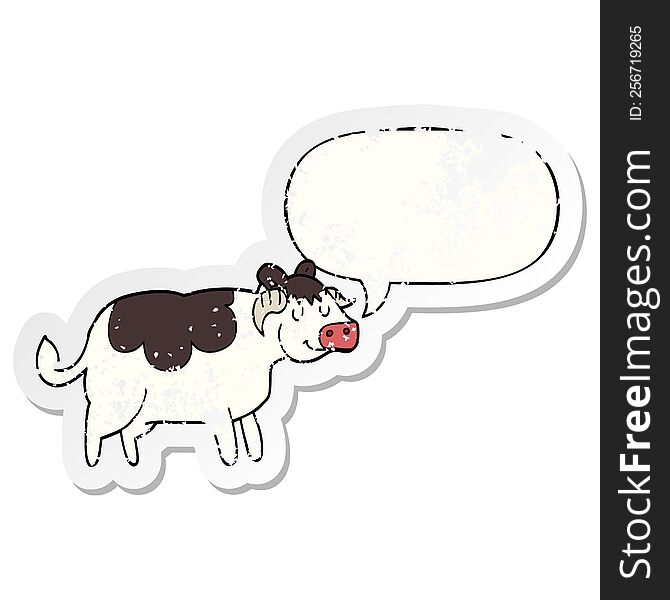 cartoon cow and speech bubble distressed sticker