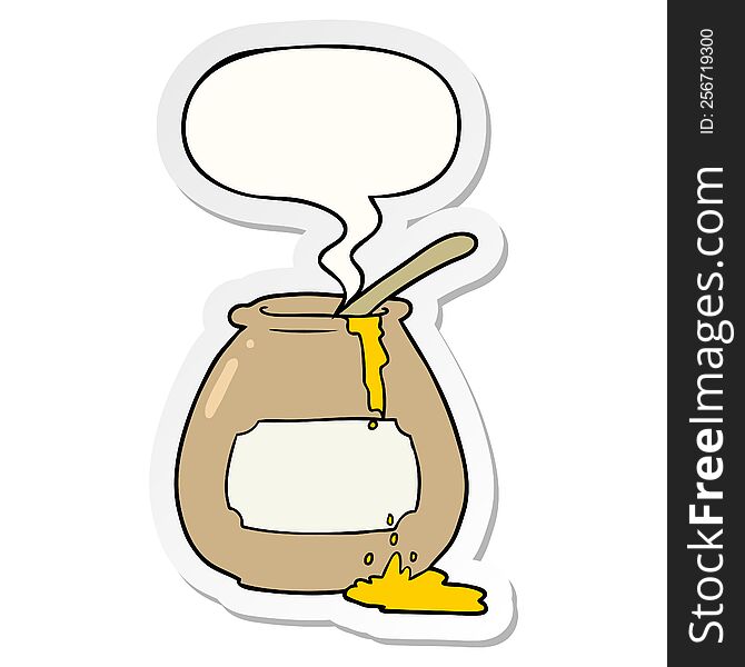 cartoon honey pot with speech bubble sticker. cartoon honey pot with speech bubble sticker