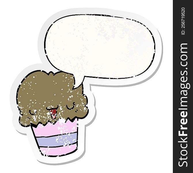 cartoon cupcake with face with speech bubble distressed distressed old sticker. cartoon cupcake with face with speech bubble distressed distressed old sticker