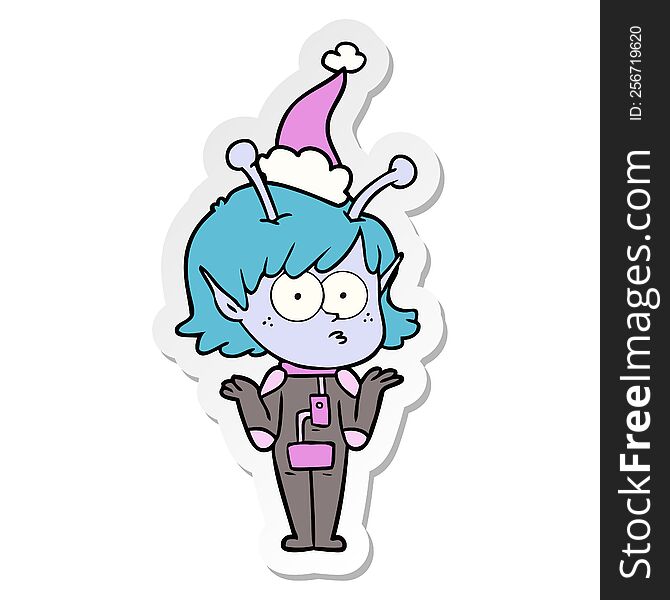hand drawn sticker cartoon of a alien girl wearing santa hat