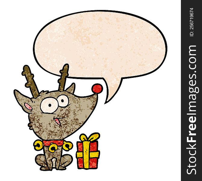 cartoon christmas reindeer with speech bubble in retro texture style