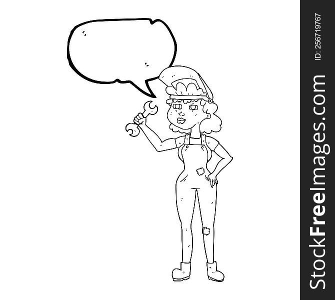 freehand drawn speech bubble cartoon woman with spanner
