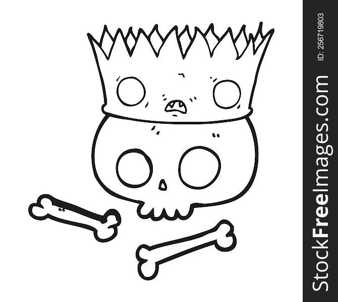 freehand drawn black and white cartoon magic crown on old skull