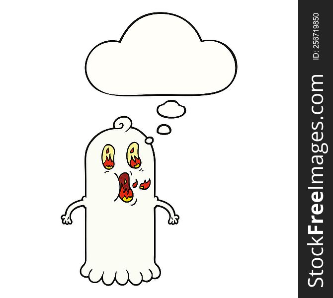 cartoon ghost with flaming eyes with thought bubble