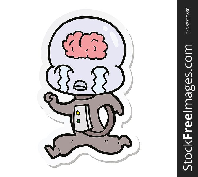 sticker of a cartoon big brain alien crying running