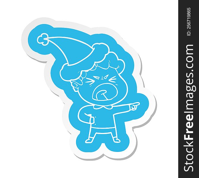 Cartoon  Sticker Of A Furious Man Wearing Santa Hat