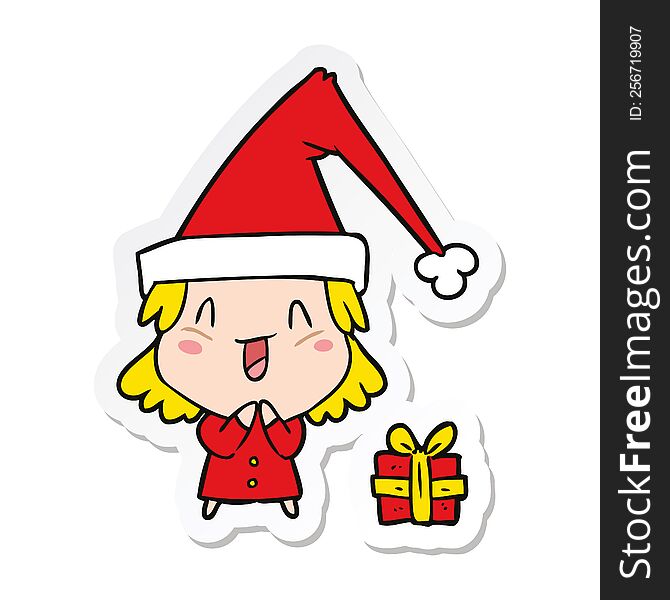 Sticker Of A Cartoon Girl Wearing Christmas Hat
