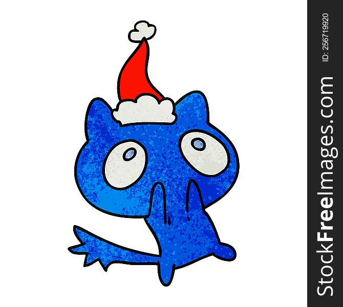 hand drawn christmas textured cartoon of kawaii cat