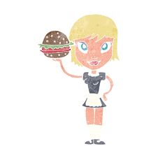 Cartoon Waitress With Burger Royalty Free Stock Images
