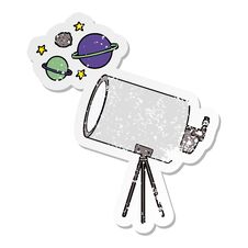 Distressed Sticker Of A Cartoon Telescope Looking At Planets Stock Image