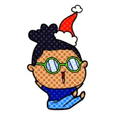 Comic Book Style Illustration Of A Woman Wearing Spectacles Wearing Santa Hat Stock Photo