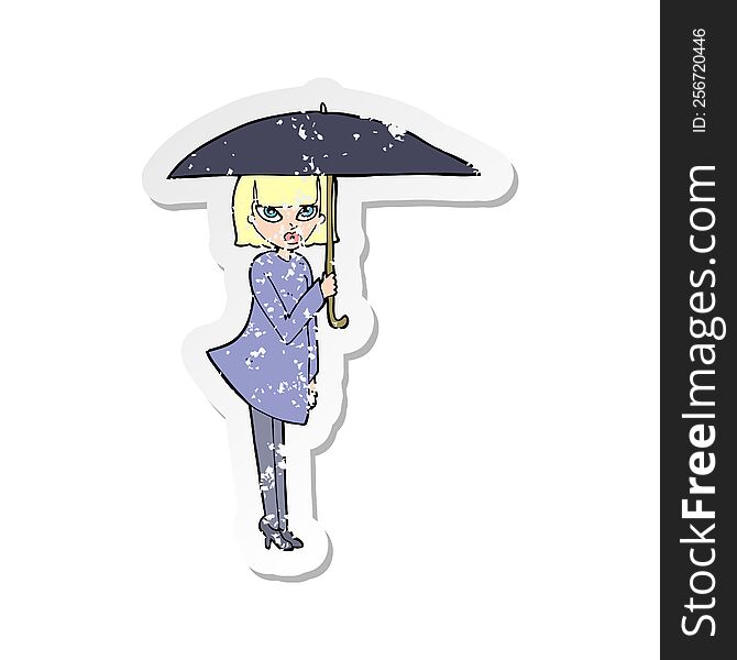 Retro Distressed Sticker Of A Cartoon Woman With Umbrella