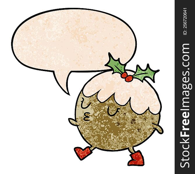 cartoon christmas pudding walking with speech bubble in retro texture style
