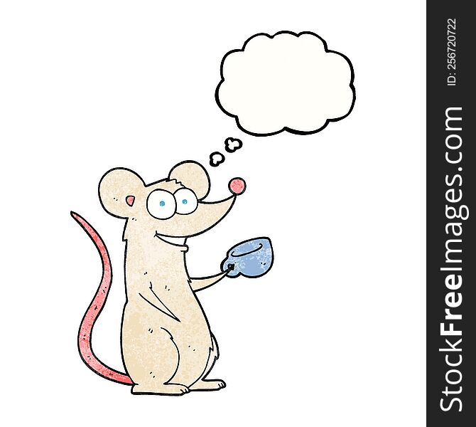 freehand drawn thought bubble textured cartoon mouse with cup of tea
