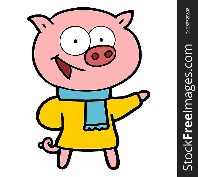 cheerful pig wearing winter clothes cartoon. cheerful pig wearing winter clothes cartoon