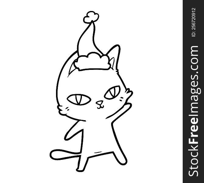 line drawing of a cat staring wearing santa hat