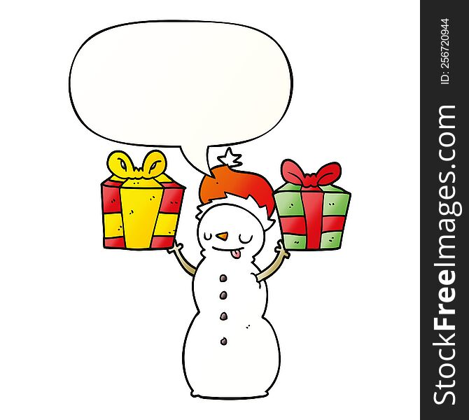 Cartoon Snowman And Present And Speech Bubble In Smooth Gradient Style
