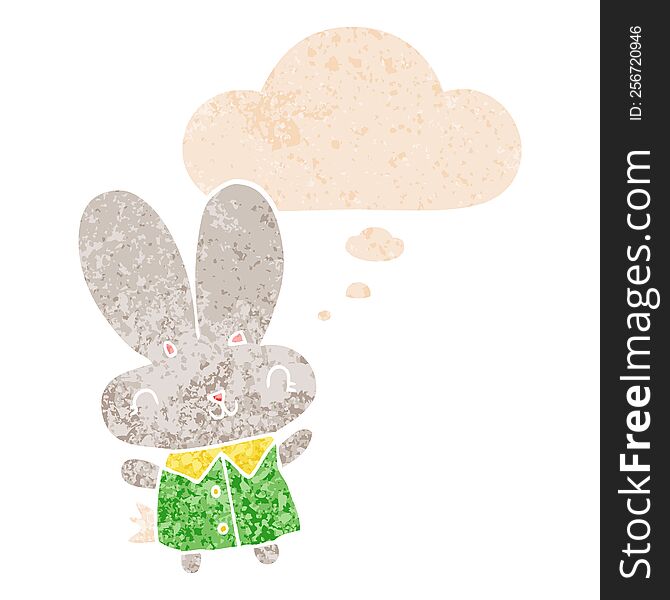 Cute Cartoon Tiny Rabbit And Thought Bubble In Retro Textured Style